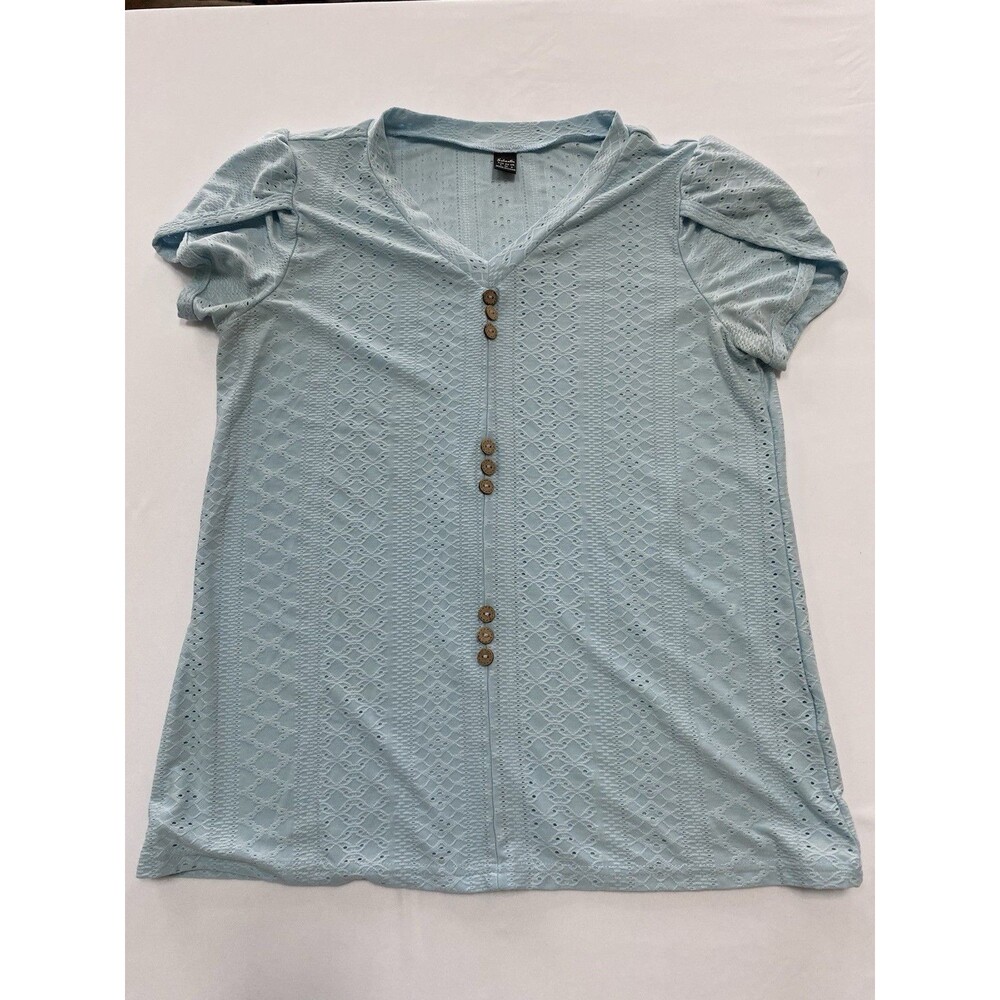 Salanta Blue Eyelet Crochet V-Neck Top - Boho Cottagecore Short Sleeve - Small